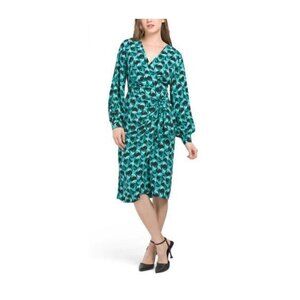 Maggy London Womens Green Black Print Long Sleeve Wrap Midi Dress Sz 14 New